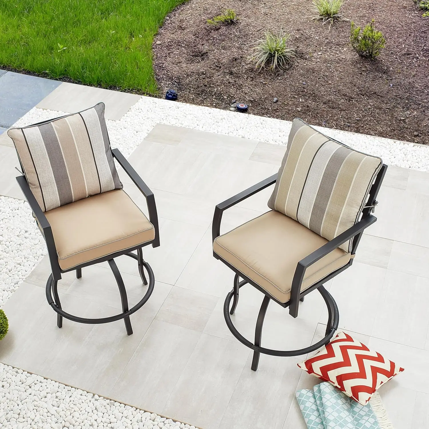 Patio Bar Height Chairs, Outdoor Swivel Bar Stools Chairs with Seat and Back Cushions, High Swivel Armrest Bar Chair Set of 2