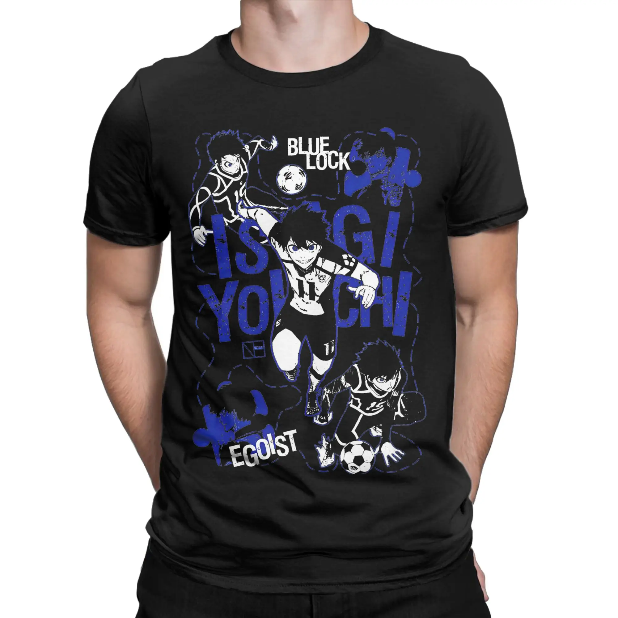 Blues Locks Isagi Yoichi T Shirt Men's 100%Cotton Tops Shirts Aesthetic Manga Football Anime O-neck Short Sleeve