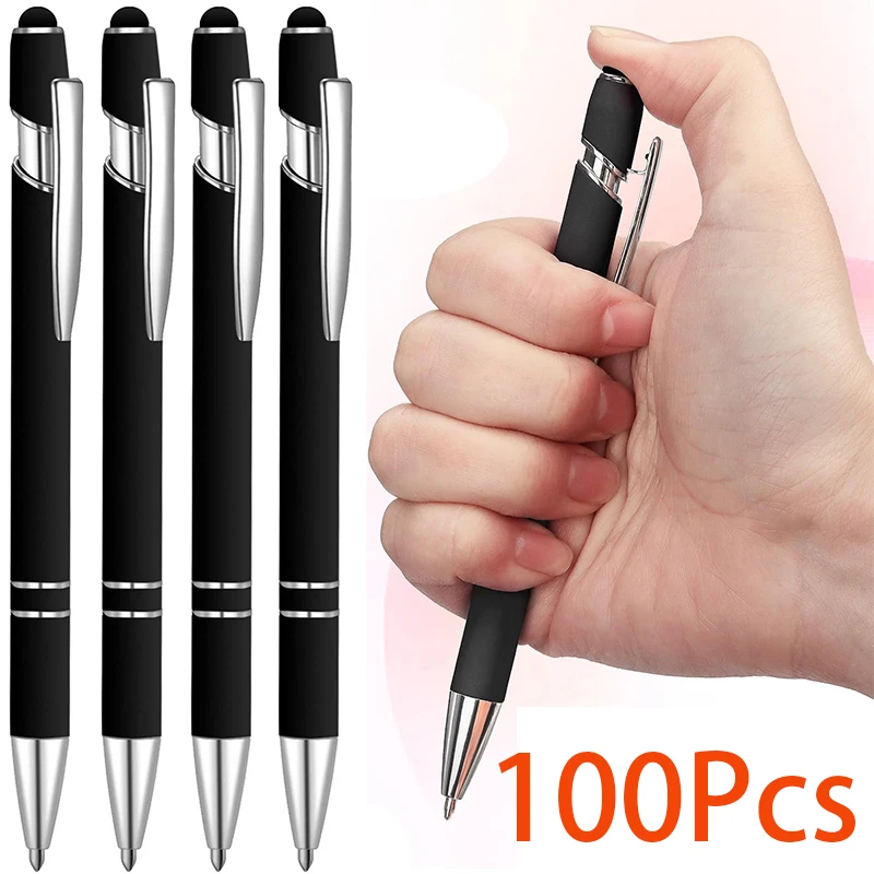 

100Pcs Metal Ballpoint Pen with Stylus Tip Black Ink 2 in 1 Smooth Pen Rainbow Colorful Rubber