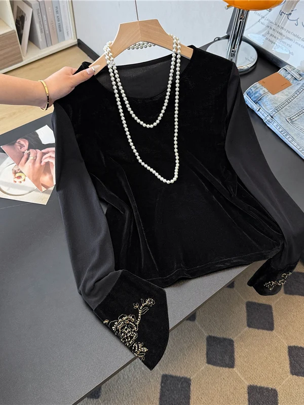 Ele Bla Velvet Long Sve Embroidered irt Women's Inner Wear Base Top New Chinese Sle High Faion Autumn Collection