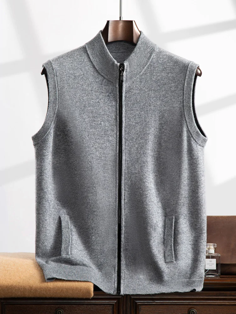 Autumn Winter Men's Mock Neck Cashmere Vest Zippers Sweater Cardigan Sleeveless Waistcoat 100% Merino Wool Knitwear Business Top