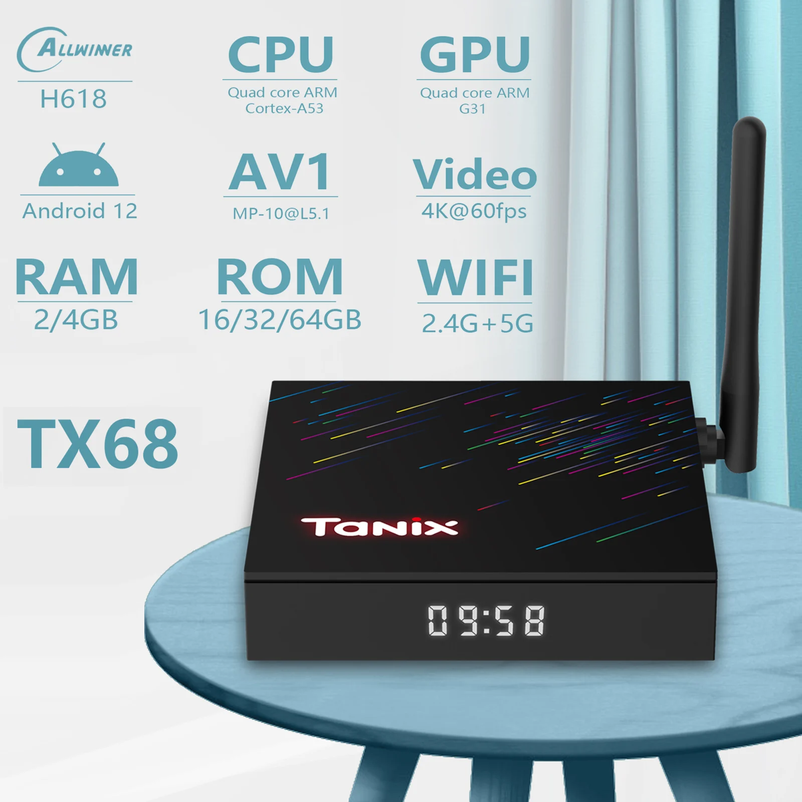 TANIX TX68 Android 12.0 Smart TV Box Allwinner H618 Quad-core 4K Media Player AV1 H.265 VP9 Decording 2.4G&5G Dual Band WiFi BT5