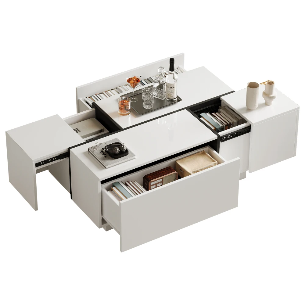 Table basse carrée blanche Ye Moderner, table de canapé aux couleurs patchwork avec finition brillante, 100 x 60 x 40 cm – Table de salon avec quatre tiroirs, plateau coulissant, capacité de charge jusqu'à 30 kg