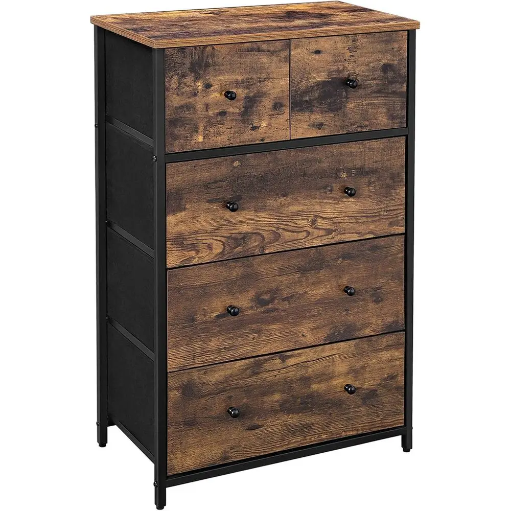 5-Drawer Tower with Fabric Drawers, Wooden Front and Top, Industrial Style Storage Unit for Living Room, Hallway, or Nursery, Br