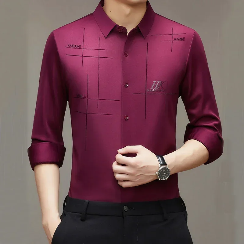 High elastic quality autumn men\'s long sleeved shirt new seamless shirt wrinkle resistant and ironless business dress shirt