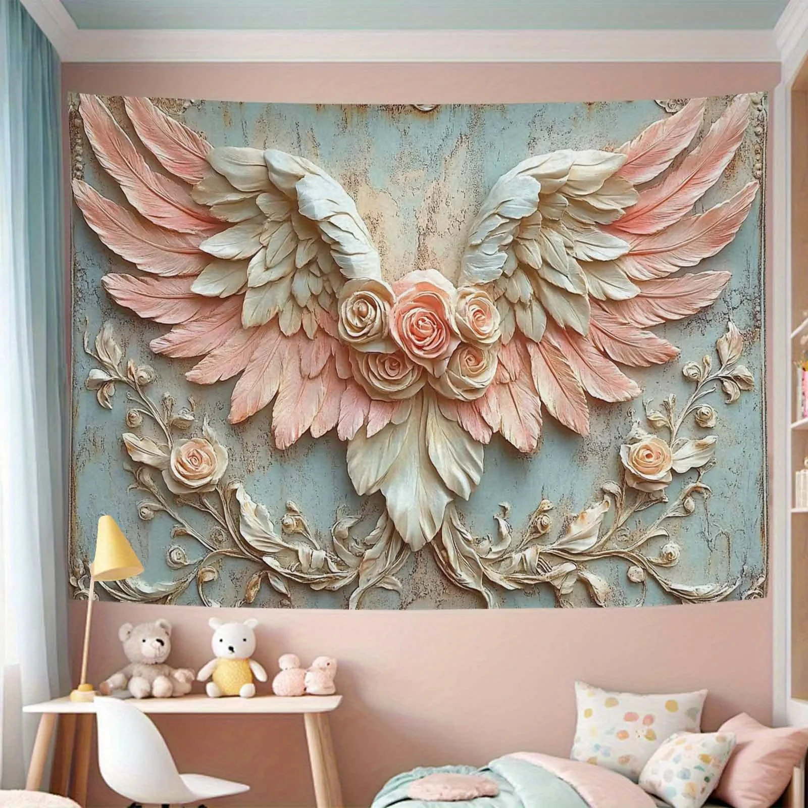 Angel Wings With Roses Wall Art 3D Relief Decor Romantic Boho Style Bedroom Nursery Home Interior Soft Pastel Design