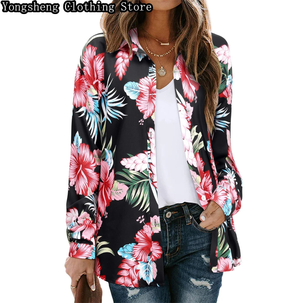 Women\'s long-sleeved ice silk printed shirt European new hot selling Hawaiian vacation slim casual clothing