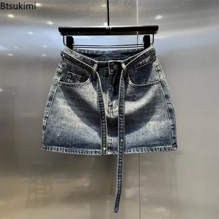 Women Retro Gradient Denim Mini Skirt High Waist A-Line Shiny Diamond Decor Slim Summer Chic Trendy Casual Fashion Jean Skirt