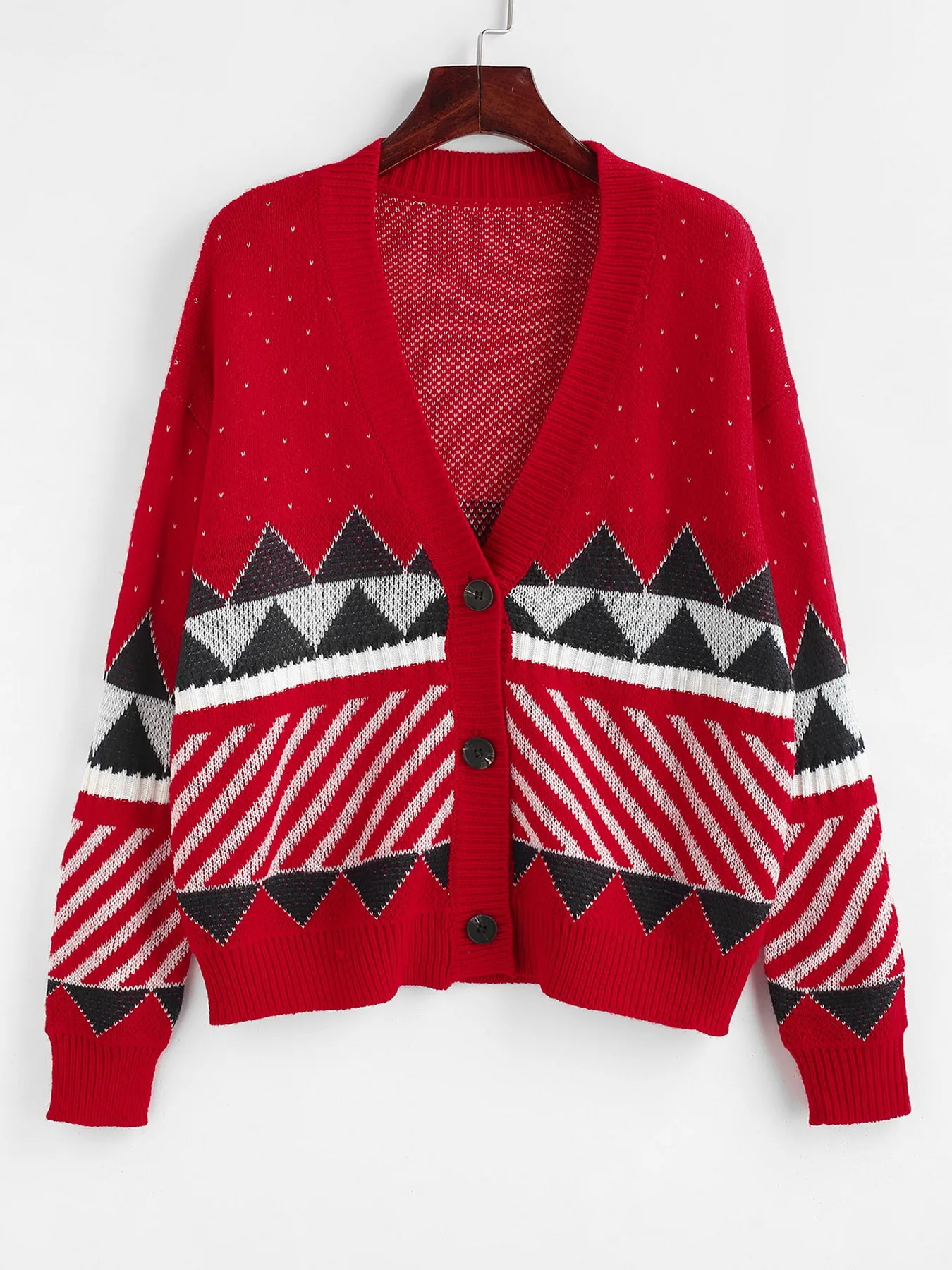 Zaful Vrouwen V-Hals Kerst Geo Grafisch Vest Knoop Xmas Vest Dames Sweaters Cardigans Kerst-Stijl 2024 Nieuw