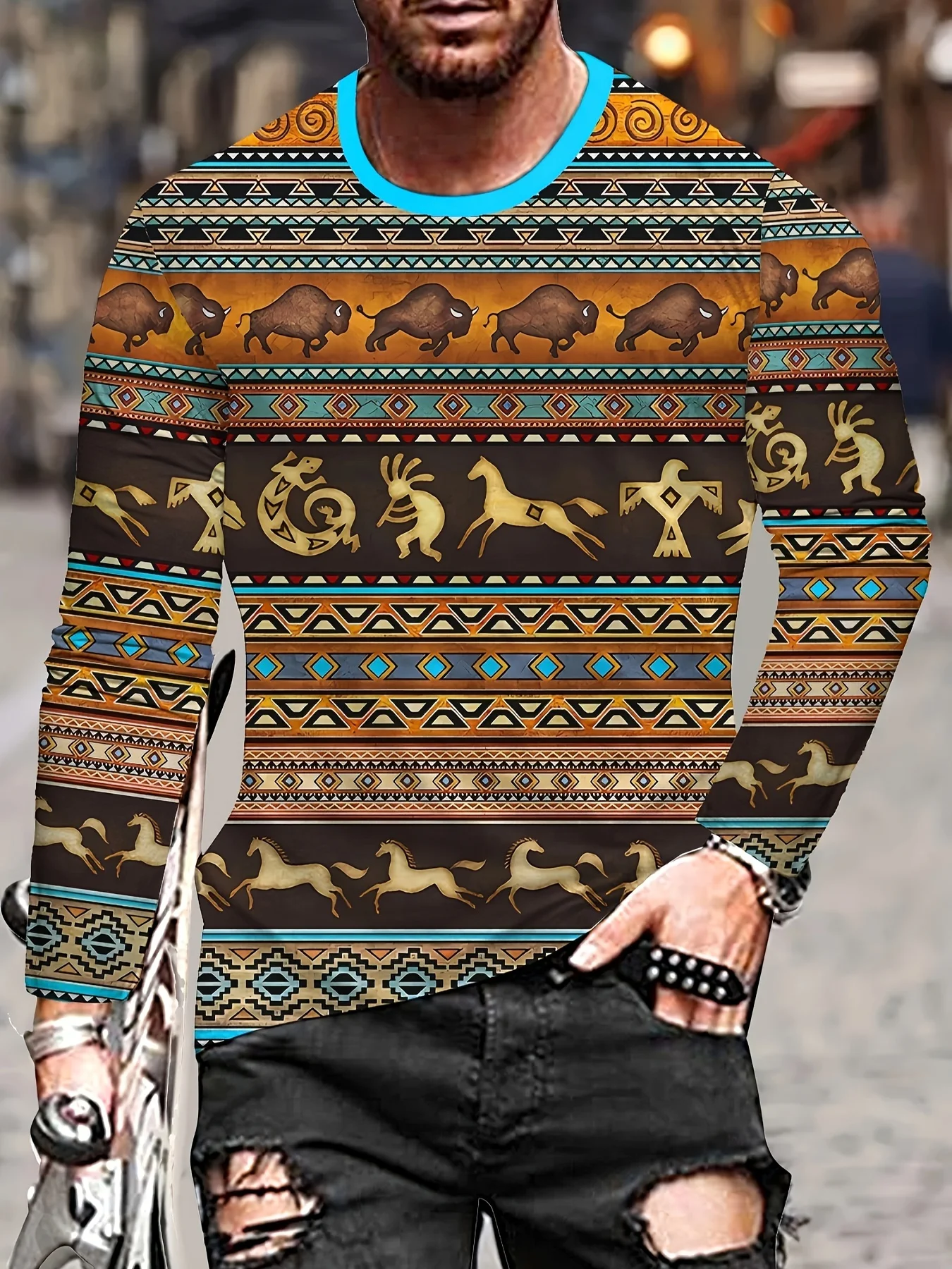 

2025 Fashion Trends Men'S 3D Flame Rose Print Long Sleeve T-Shirt, Geometric Pattern Knit Fabric with Slight Stretch