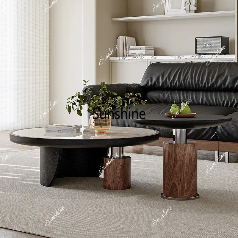 YMedieval style rock slab coffee table combination living room household round creative light luxury high sense