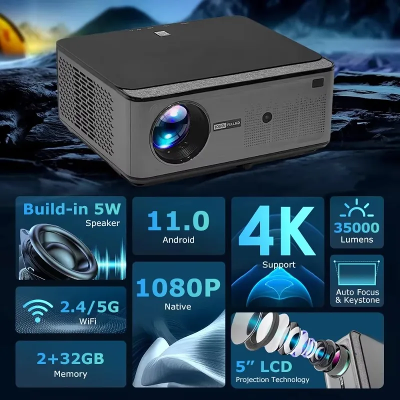 VF71 1080P جهاز عرض فيديو عالي الدقة ذكي أندرويد التركيز التلقائي كيستون تصحيح جهاز عرض المسرح المنزلي