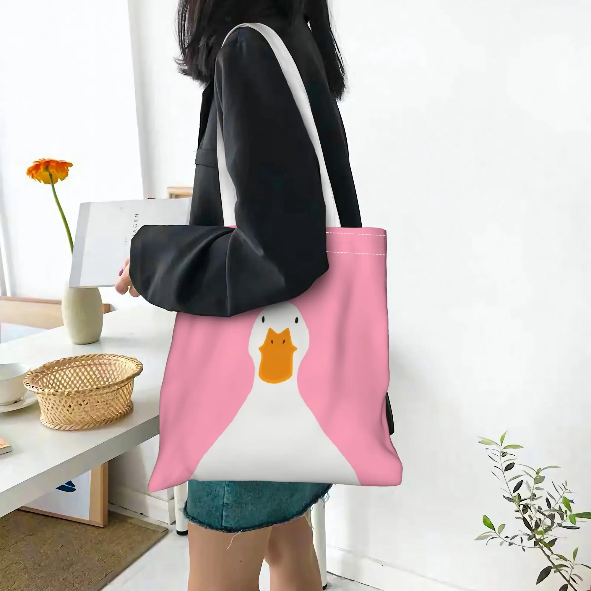 1pc Pink and White Duck Themed Printed Tote Bag, Reusable Shopping Bag, Suitable for Daily Use, Shopping, School, Travel,
