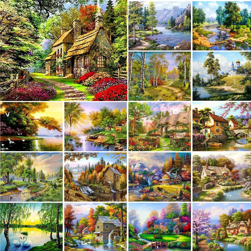 

GATYZTORY 5D DIY House Diamond Painting Landscape Full Drill Square Embroidery Mountain Mosaic House Handmade Gift