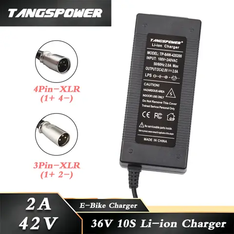 10S 36V 리튬 이온 배터리 팩용 42V 2A 리튬 배터리 충전기 고속 충전 3-4Pin XLR 커넥터 전자 자전거 충전기 고품질