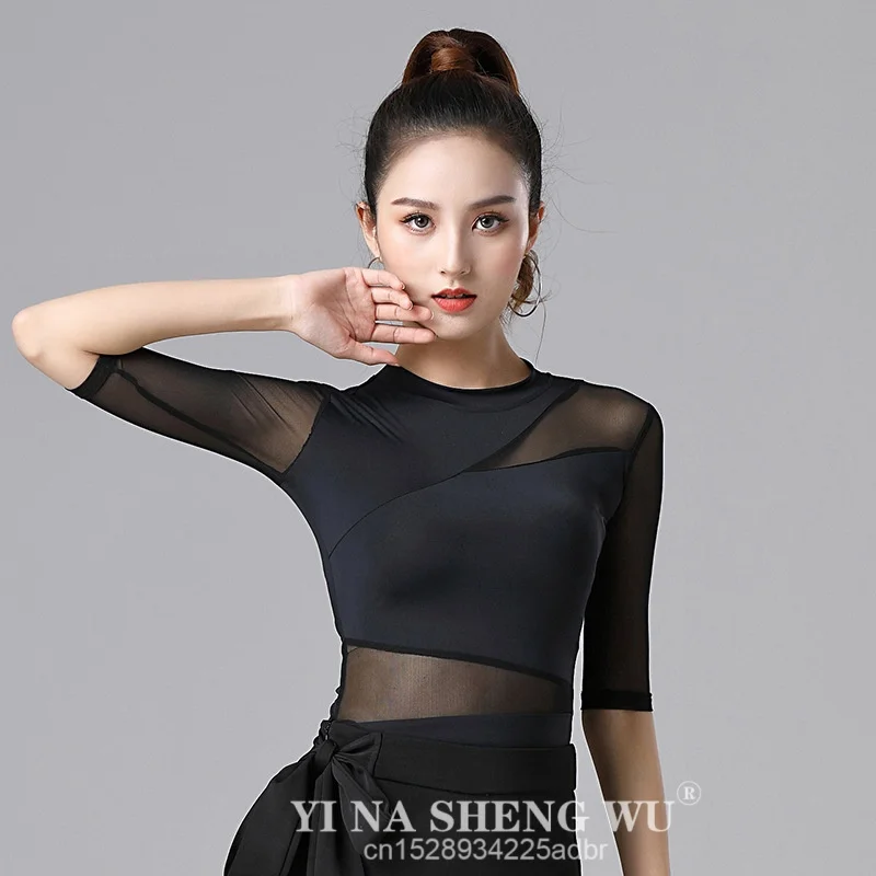 

Женский танцевальный топ для бальных танцев, укороченные топы для латинских танцев, рубашка для взрослых, женская сексуальная сетчатая блузка со средними рукавами, новая черная одежда для танцев