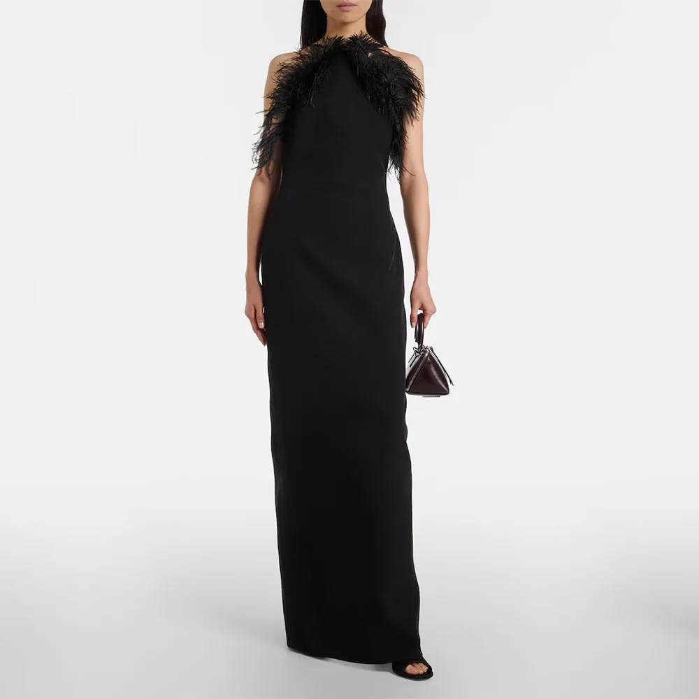 

Sexy Black Women's Evening Gown Mermaid Floor Length Formal Party Dress Backless Saudi Dress Sleeveless Prom Dress With Feather