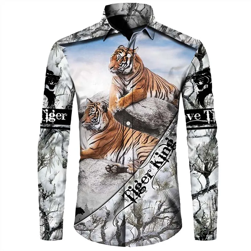 Camisa de manga larga con estampado de tigre para hombre, Top de manga larga con estampado de León en 3D, ropa de calle informal para exteriores,