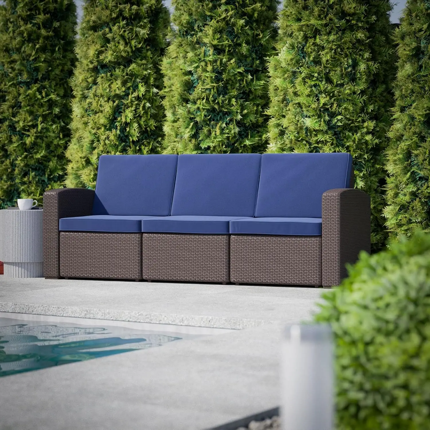 Chocolate Brown Faux Rattan Sofa with All-Weather Navy Cushions for patio, deck, poolside