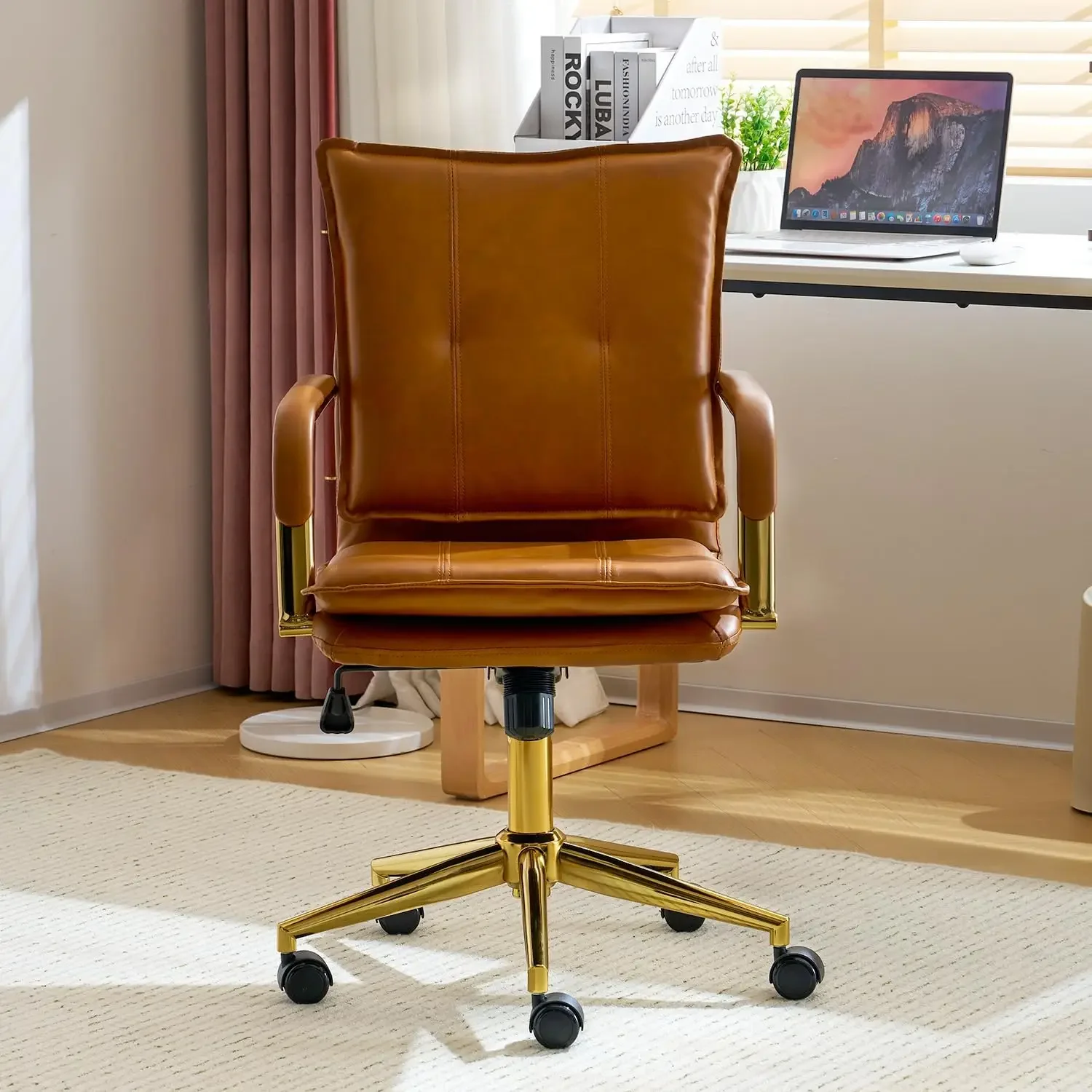 Office Chair, Modern Upholstered Executive Desk Chair with Gold Frame Armrest Computer Task Chair