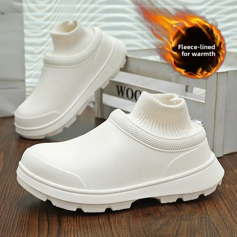 Men's Winter Thickened Fleece Lined Snow Boots Anti-slip Waterproof Kitchen Work Boots Youth Trend Korean Style Flat Heel