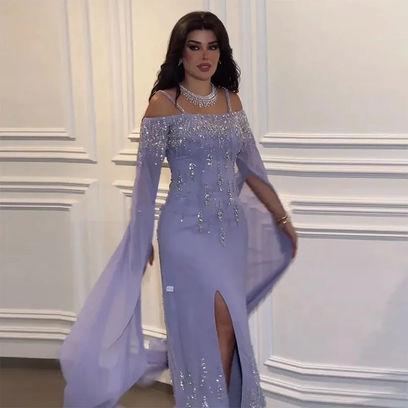 Elegante vestido de gasa con abertura para mujer, traje de noche de sirena con cuello Halter, de lujo, para invitados de boda, Arabia Saudita, 2024