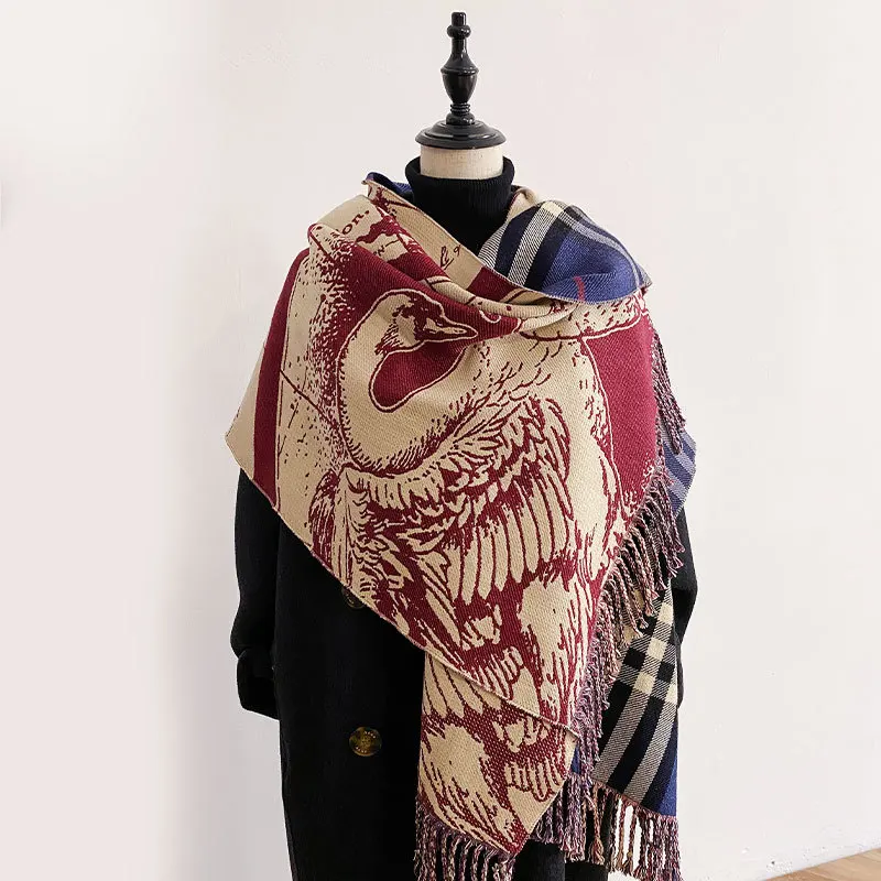 Thick Warm Scarf Fashion Swan Printed Scarf Warm Wool Pashima Sunscreen Shawl Four Seasons Blanket Long Tessel Echarpe 2024