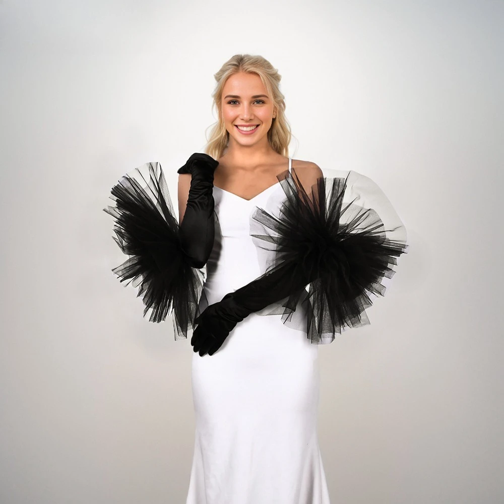 رجل فستان العروس الساتان أداء الزفاف الأسود مبالغ فيه قفازات زهرة كبيرة قفازات آداب ممتدة