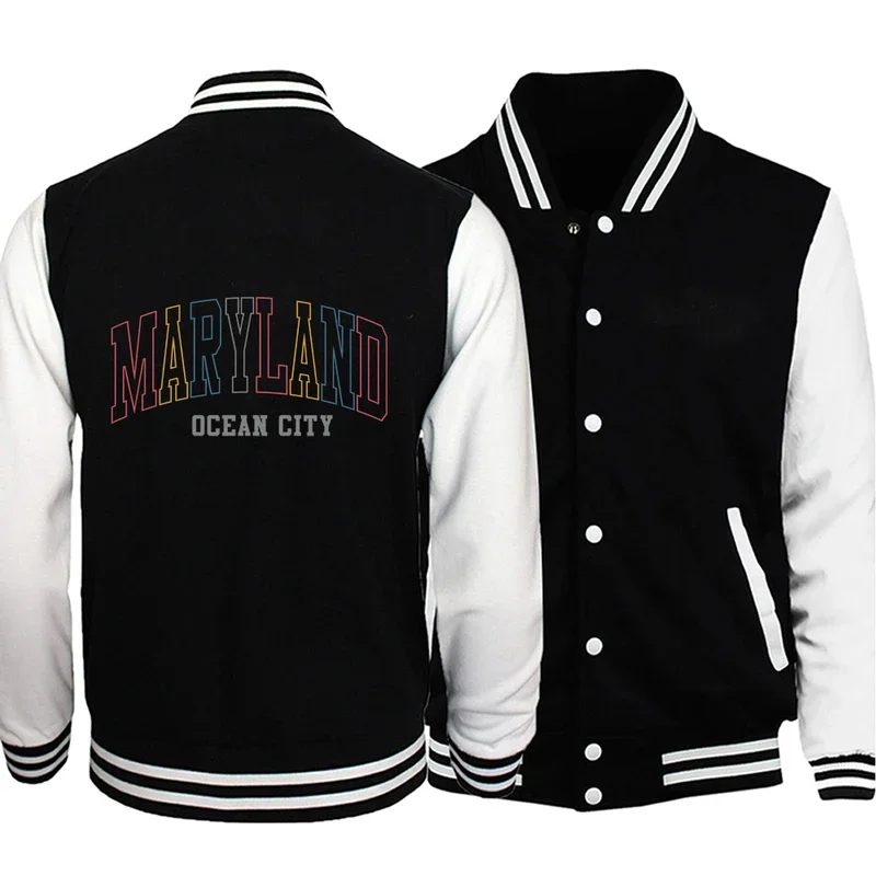 Maryland Ocean City mantel cetak huruf warna-warni pria jalanan pakaian luar disambung jaket Crewneck hangat nyaman pakaian netral