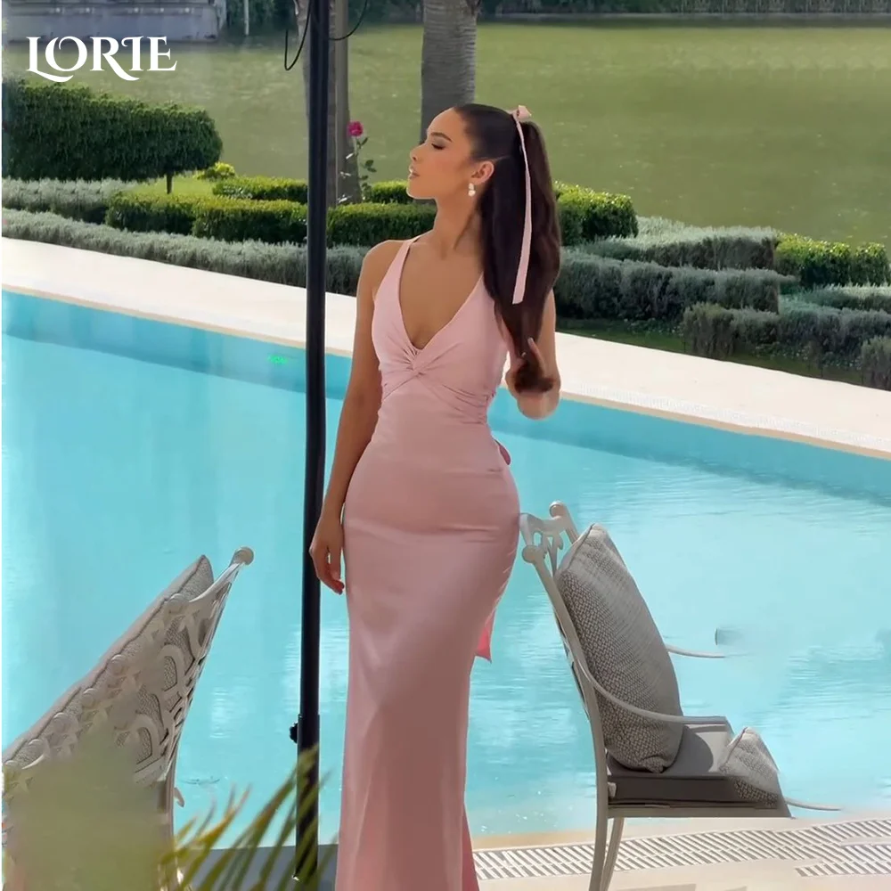 

LORIE Modest Crepe Saudi Evening Dresses Elegant V Neck Bow Mermaid Chiffon Pleats Arabia Prom Gown Party Dresses Customized