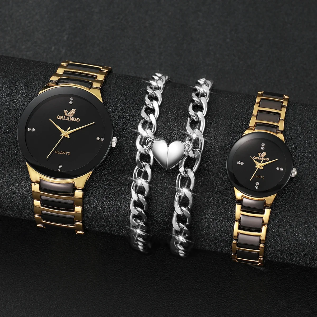 Men's and Women's Biscuit Dial Quartz Watch, Stainless Steel Strap Watches, Couple Bracelets Set, Fashion, 4-Piece Set