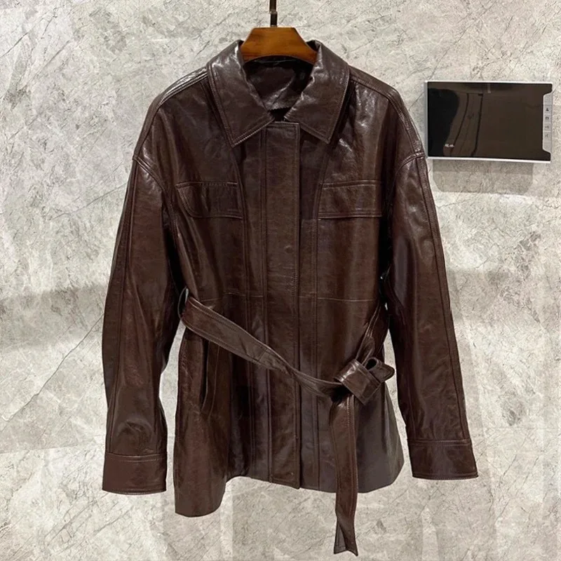 Outfits 2025, neue importierte Ölwachs-Leder-Windjacke für Damen, Retro-Braun, lässig, mittellange Jacke mit Schärpe, Abrigo Mujer