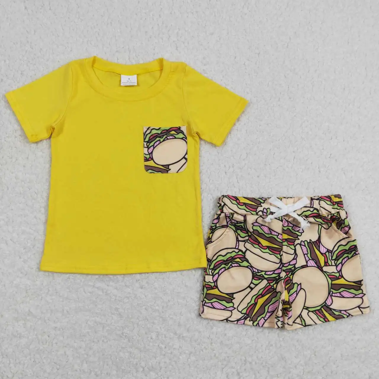 Wholesale hot sale western boutique clothing for baby boys clothes Hamburger Pocket Yellow Short Sleeve Shorts Set