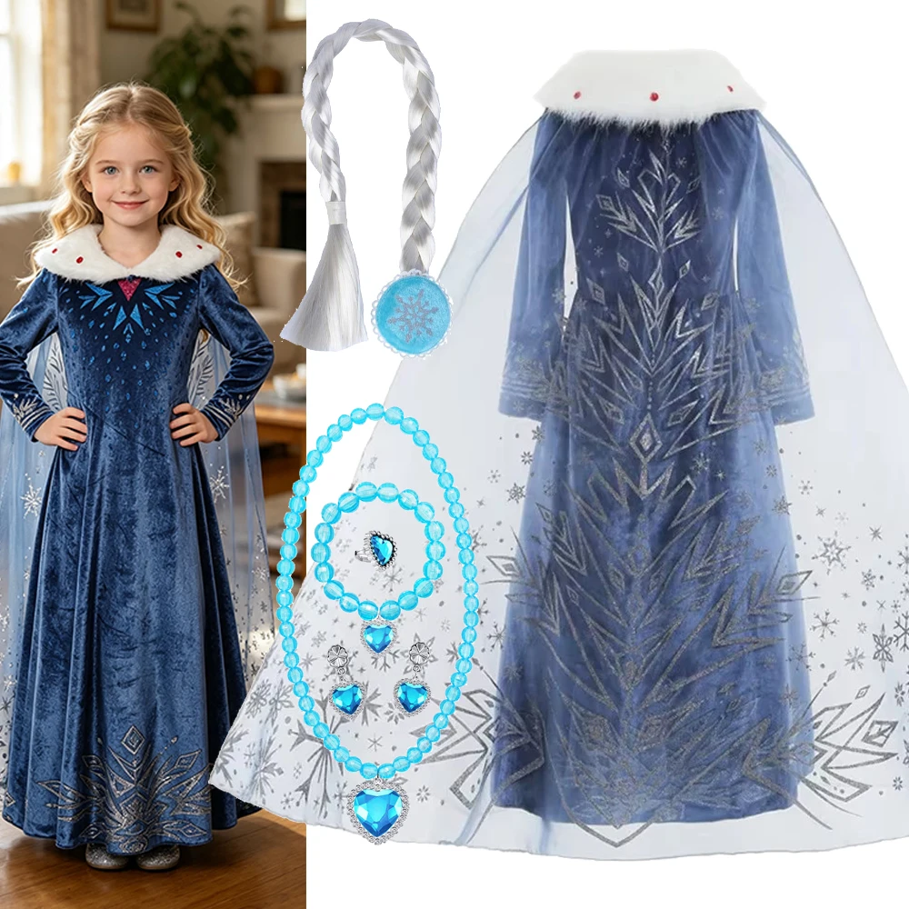 Elsa Kostüm Mädchen Blaues Kleid Langarm Kinder Cosplay Prinzessin Dress Up Halloween Geburtstag Party Outfit