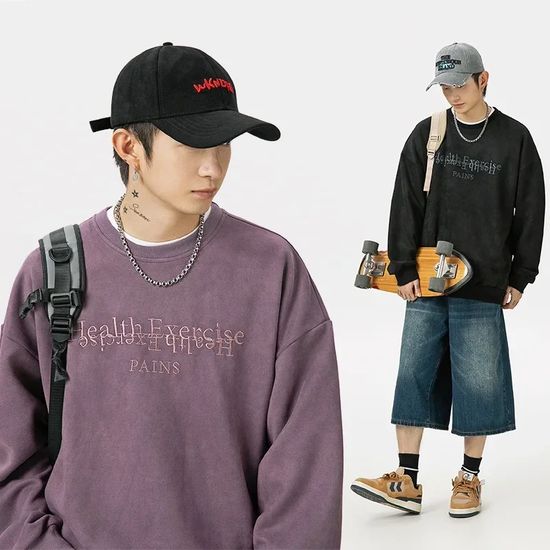 

High Quality Trend Suede Alphabet Embroidery Crew Neck Sweatshirt Men Autumn New Streetwear American Couple Loose Top Jacket
