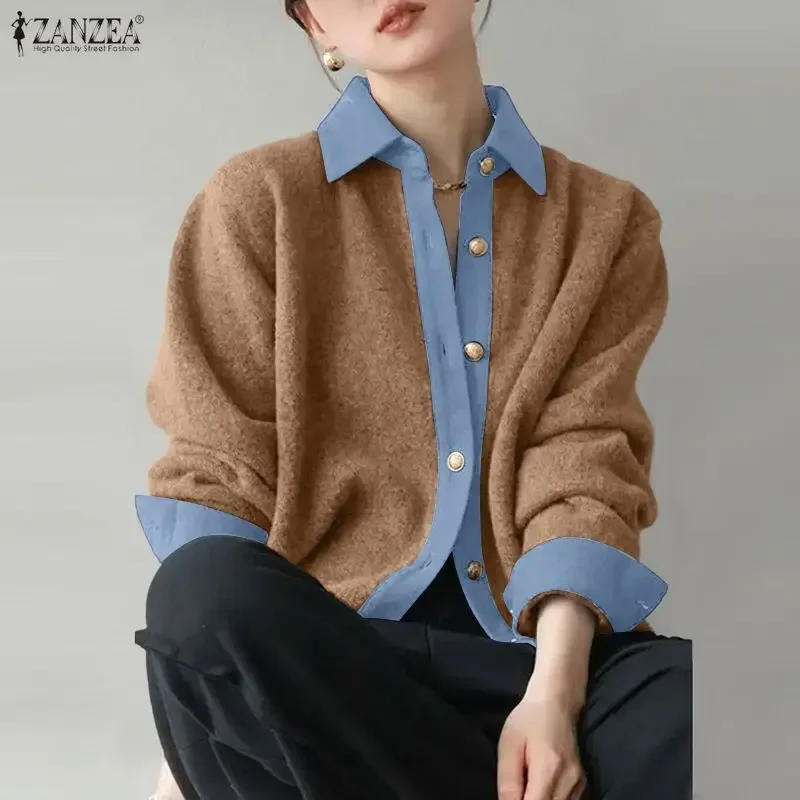 

2026 ZANZEA Elegant Women Office Lady Shirts Fashion Long Sleeve Blouse Autumn Color Patchwork Casual Loose Blusas Femininas