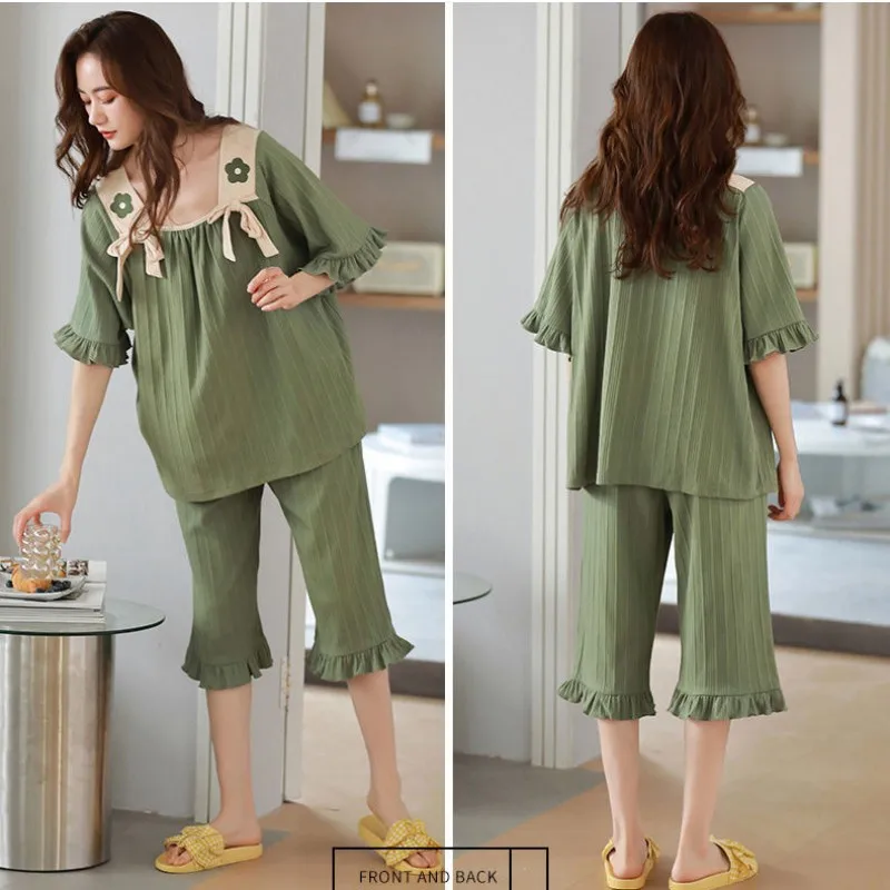 Women\'s Spring Summer New Cute Cotton Pajamas 2024 Loose Short Sleeve Pijamas Two-piece Girl Casual Sexy Sleepwear Homewear Suit