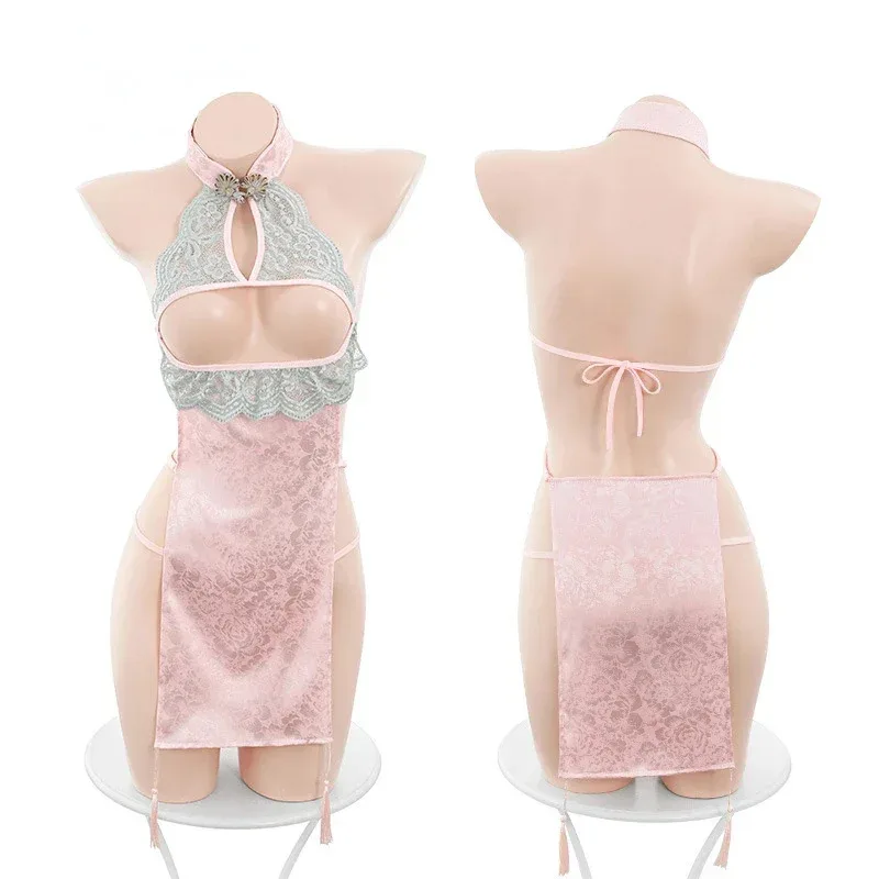 Classical Sexy Open Chest Pink Green Cheongsam Dress Traditional Chinese High Slit Mesh Qipao Skirt Backless Erotic Sleepwear
