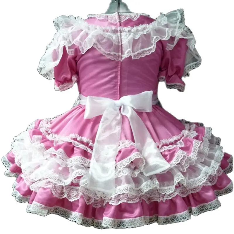 Francês Adulto Bebê Gigante Sexy Rosa Vestido de Cetim Branco Rendas Avental Sissy Role Play Maquiagem Prom Maid Vestido Personalizado Com Chave