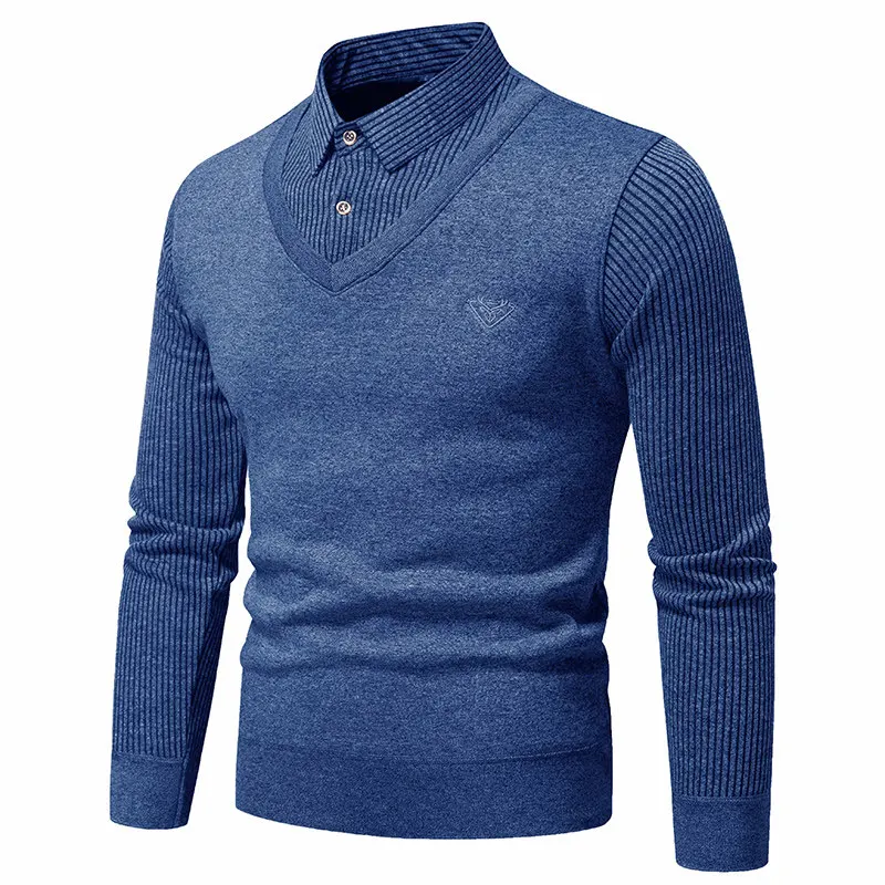 Autunno Inverno Uomo Slim Fit Maglione elastico caldo All'aperto Moda Colletto ribaltabile Top in maglia Nuovo solido falso pullover in due pezzi da uomo