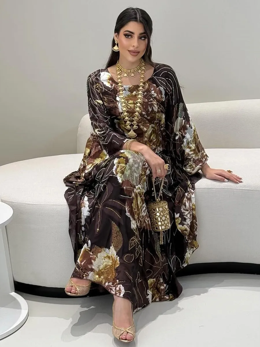 

Muslim Women Kaftan Arabic Dubai Hot rhinestone Chiffon Print Abaya Modest Ramadan Robe Femme Long Dress African Islam Clothing