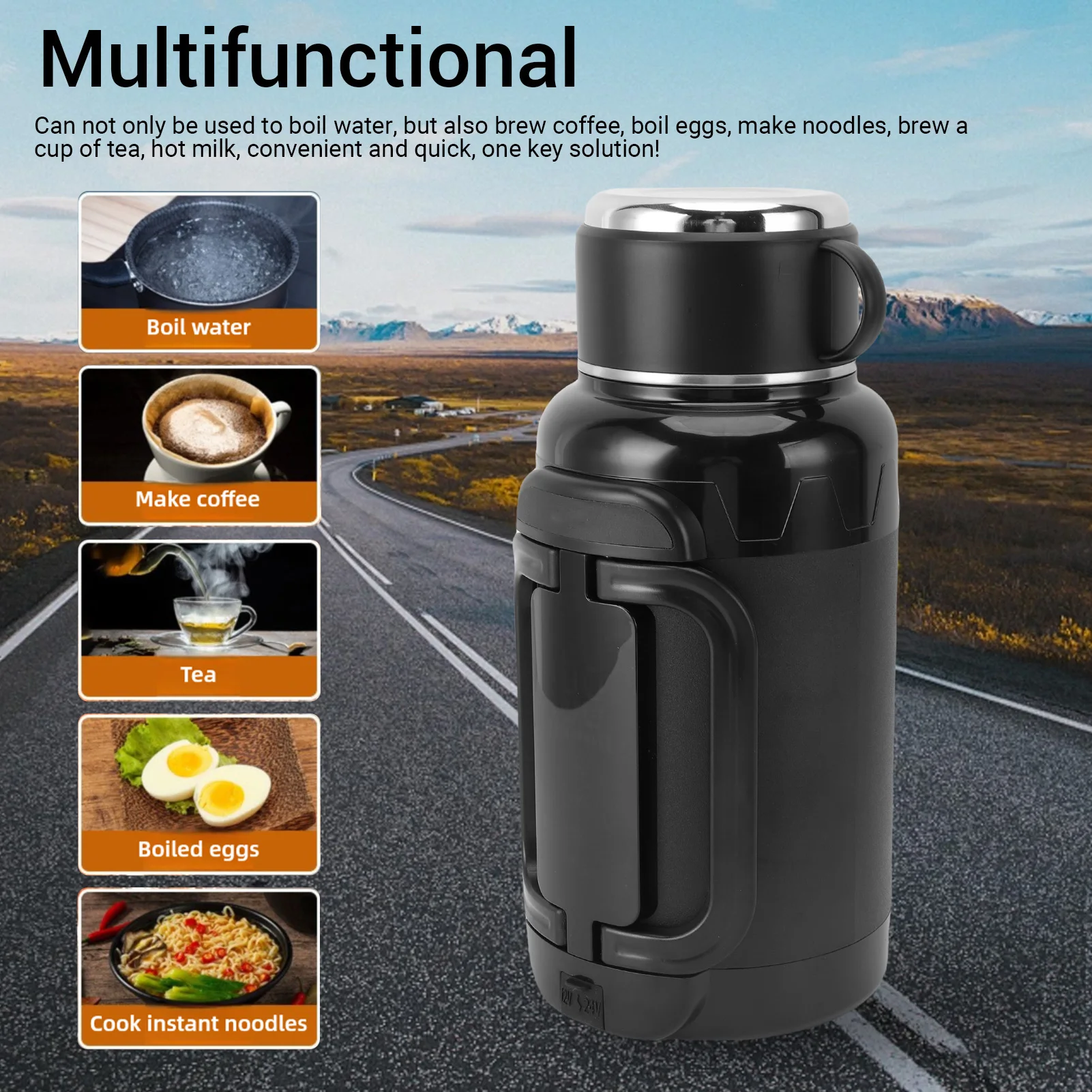 

Автомобильный электрический чайник 1500 мл из нержавеющей стали 304, защита от сухого ожогов, светодиодный дисплей температуры, автомобильный бойлер для горячей воды, складная ручка, грузовик