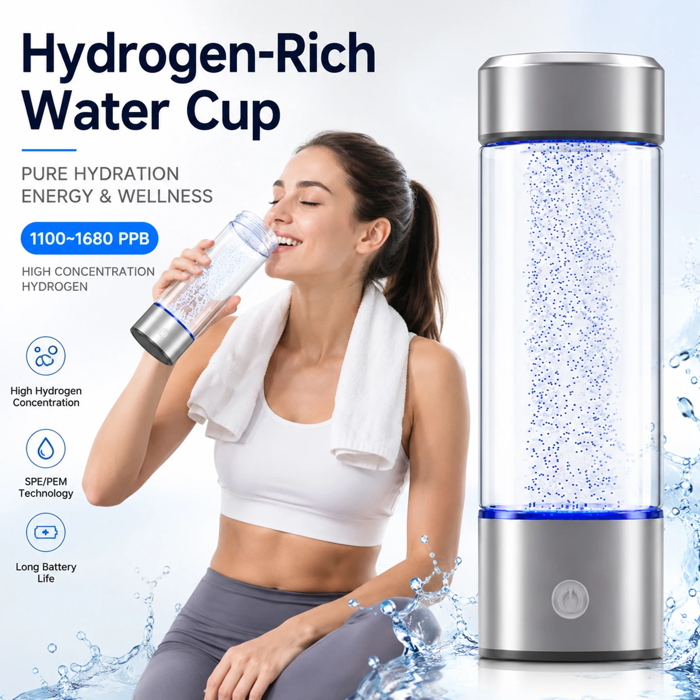 Hydrogen Water Bottle Hydrogen Water Generator Health Glass Cupbody 440ml Portable Sports or Home USB Powered Wellness1400ppb