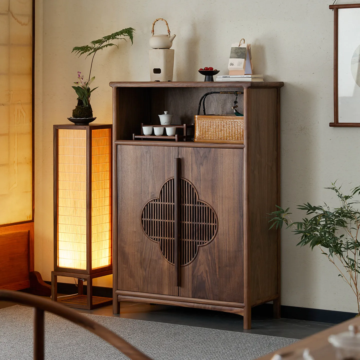 New Chinese black walnut short tea cabinet solid wood edge cabinet small bookcase Bogu rack