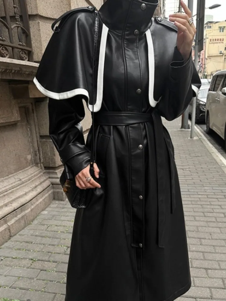 High-end cor blo casaco de couro do plutônio feminino longo sobre o joelho inverno novo sle commute padrão jaet fem outerwear