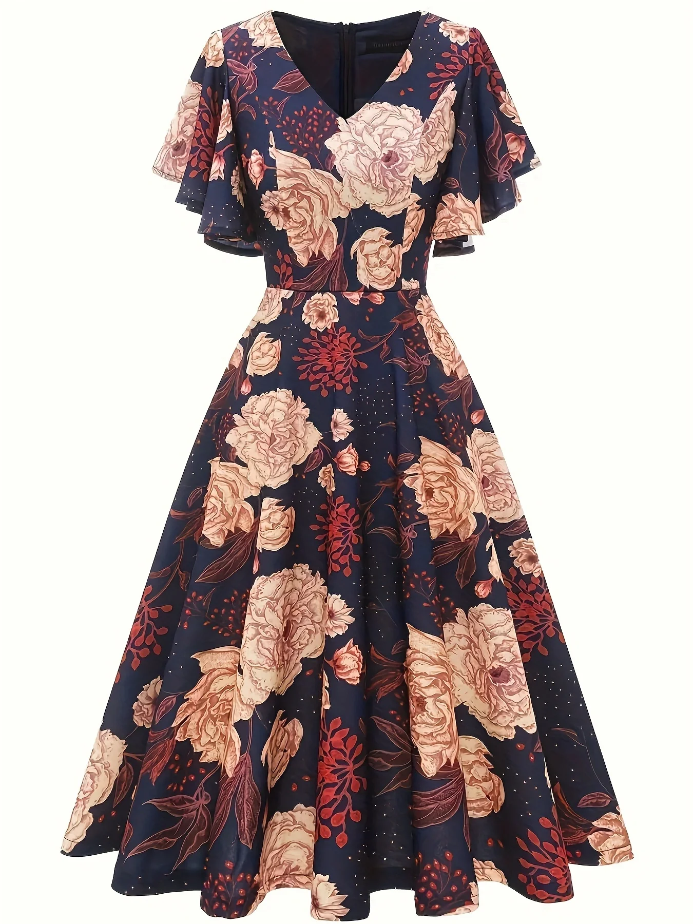 

Women's Retro A-Line Dress Casual Plus Size Petal Sleeve Pleat Elegant Summer V-Neck Floral Print Fashion Long Dresses 2024