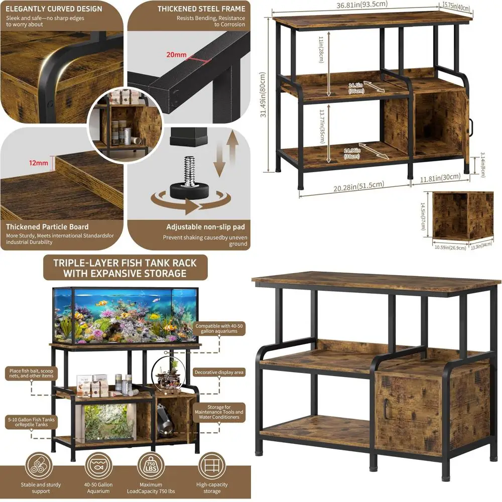 

Sturdy 3-Tier Fish Tank Stand for 40-50 Gallons, 750 lbs Capacity, with Storage, 36.8x15.7x31.5, Retro Brown