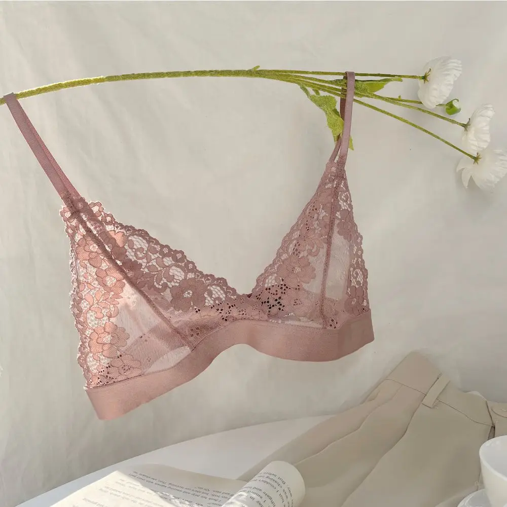 

Underwear Transparent Women Intimates Tube Top Thin Underwear NO Steel Ring Triangle Cup Lace Bralette Flower Women Bras