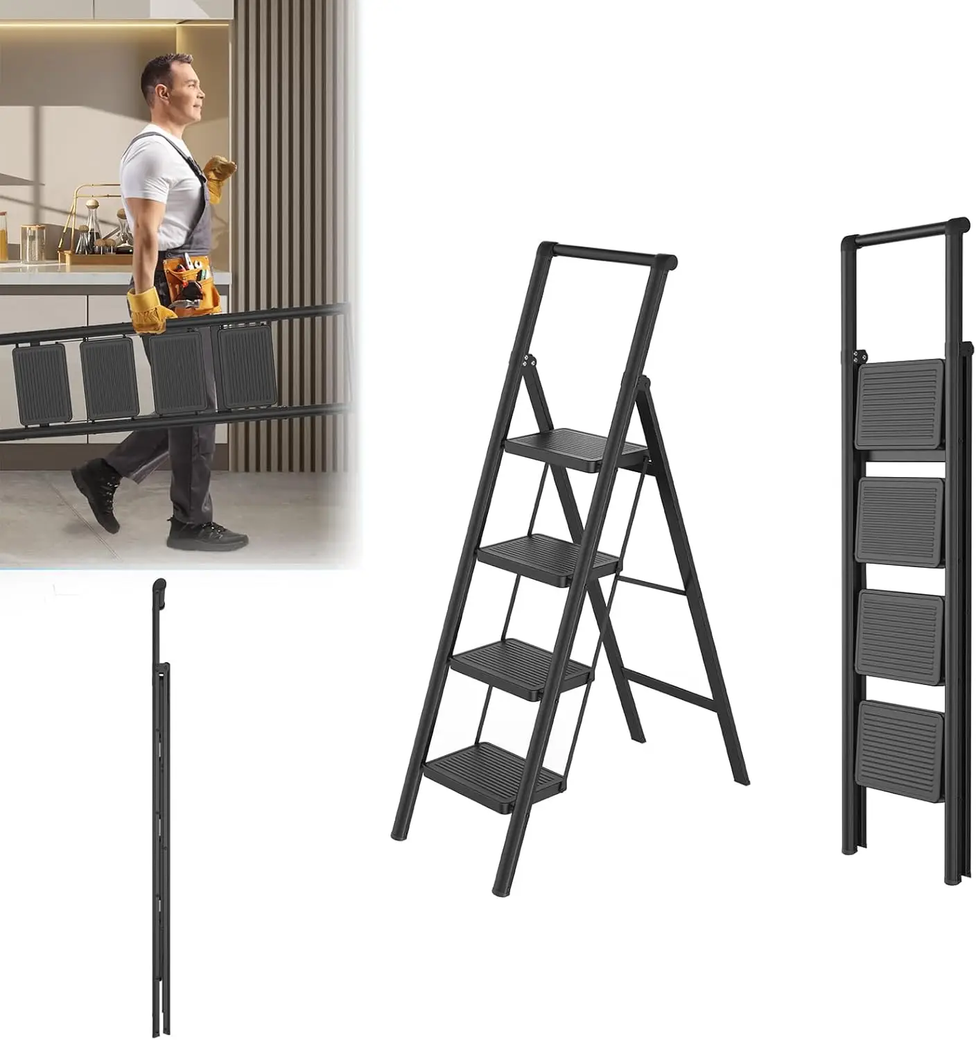 4-stufige Leiter, klappbar mit Handlauf, rutschfeste Haushaltsleiter, Klapptrittleiter für Haushalt, Büro, tragbar und stabil