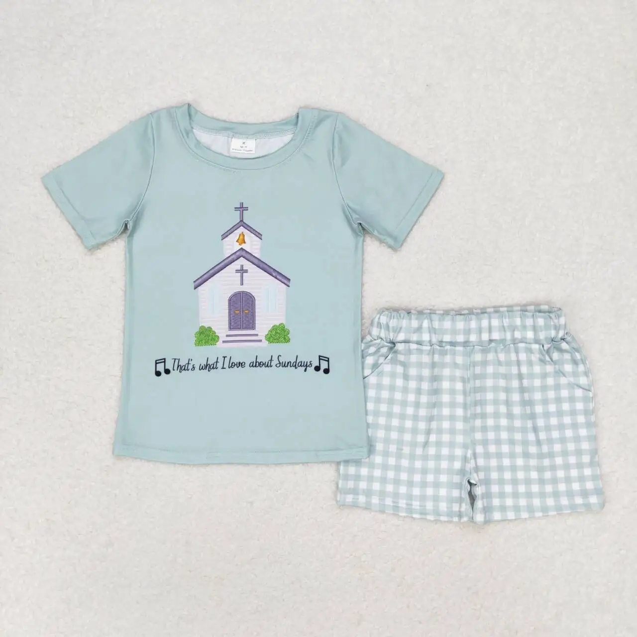 Baby Boys 'Jesus manga curta Top e Xadrez Shorts Set, roupas de criança, roupas boutique, atacado, verão, venda quente